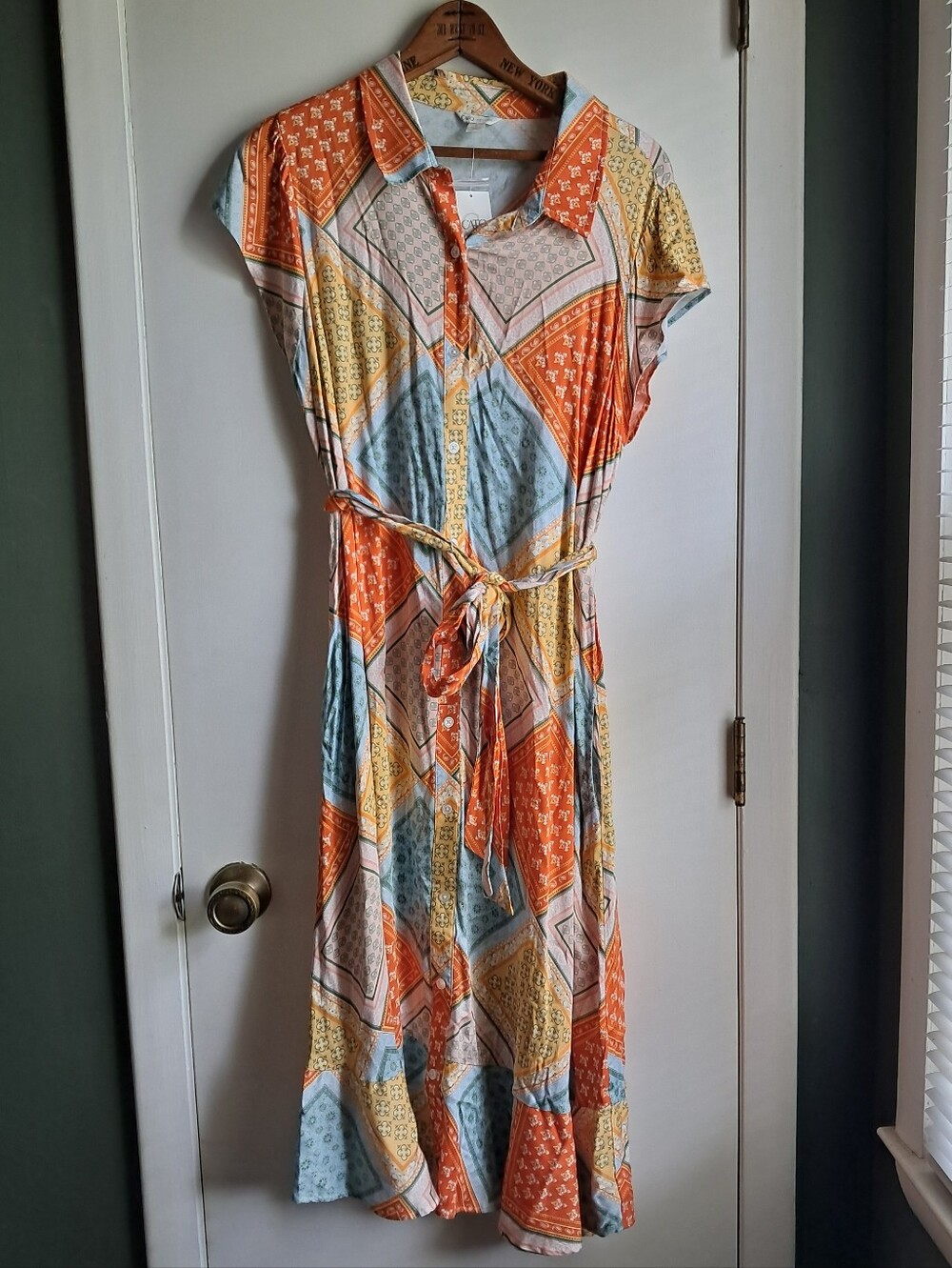 NWT Cato Multi-color Midi Shirt Dress in Orange, Blue & Yellow Patchwork Pattern
